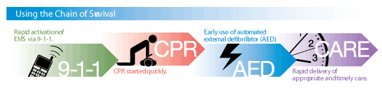 Chain of Survival graphic: 1. Rapid activation of EMS via 9-1-1. 2. CPR started quickly. 3. Early use of automated external defibrillator (AED). 4. Rapid delivery of appropriate and timely care.